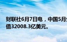 财联社6月7日电，中国5月外汇储备为32320.4亿美元，前值32008.3亿美元。