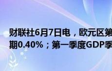 财联社6月7日电，欧元区第一季度GDP年率终值0.4%，预期0.40%；第一季度GDP季率终值0.3%，预期0.30%。