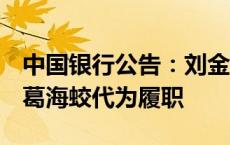 中国银行公告：刘金辞去中国银行行长职务，葛海蛟代为履职