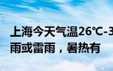 上海今天气温26℃-33℃，多云到阴有时有阵雨或雷雨，暑热有