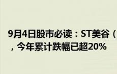 9月4日股市必读：ST美谷（000615）9月4日收盘跌5.21%，今年累计跌幅已超20%