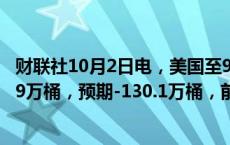 财联社10月2日电，美国至9月27日当周EIA原油库存为388.9万桶，预期-130.1万桶，前值-447.1万桶。