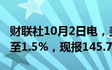 财联社10月2日电，美元兑日元日内涨幅扩大至1.5%，现报145.71。