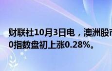 财联社10月3日电，澳洲股市指标S&amp;P/ASX 200指数盘初上涨0.28%。