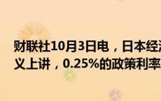 财联社10月3日电，日本经济再生大臣赤泽亮正表示，从广义上讲，0.25%的政策利率属于宽松的状态。