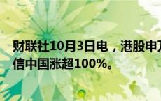 财联社10月3日电，港股申万宏源香港涨幅扩大至60%，融信中国涨超100%。