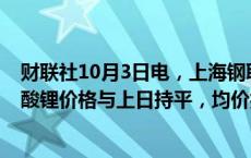 财联社10月3日电，上海钢联发布数据显示，今日电池级碳酸锂价格与上日持平，均价报7.65万元/吨。