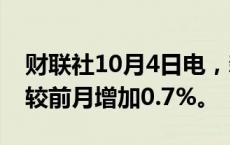 财联社10月4日电，新加坡8月零售销售总额较前月增加0.7%。