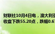 财联社10月4日电，澳大利亚S&amp;P/ASX200指数收盘下跌55.20点，跌幅0.67%，报8150点。