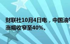 财联社10月4日电，中国油气控股冲高，一度涨近80%，现涨幅收窄至40%。