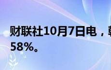 财联社10月7日电，韩国KOSPI指数收盘涨1.58%。