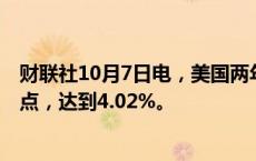 财联社10月7日电，美国两年期国债收益率当天上升10个基点，达到4.02%。