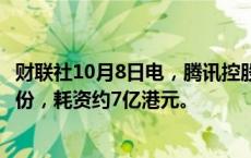 财联社10月8日电，腾讯控股公告称10月8日回购156万股股份，耗资约7亿港元。