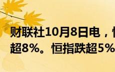 财联社10月8日电，恒生科技指数跌幅扩大至超8%。恒指跌超5%。