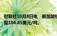 财联社10月8日电，新加坡铁矿石期货主力合约跌5.3%，现报104.85美元/吨。