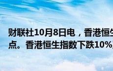 财联社10月8日电，香港恒生科技指数下跌14%至4,632.31点。香港恒生指数下跌10%至20,778.89点。