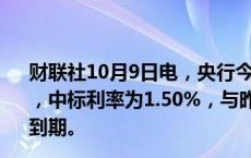 财联社10月9日电，央行今日进行610亿元7天期逆回购操作，中标利率为1.50%，与昨日持平。今日有1965亿元逆回购到期。