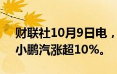 财联社10月9日电，恒生科技指数涨超4%，小鹏汽涨超10%。