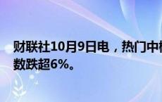 财联社10月9日电，热门中概股普跌，纳斯达克中国金龙指数跌超6%。