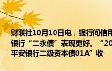 财联社10月10日电，银行间信用债企稳向好收益率大幅下行，尤其是银行“二永债”表现更好。“20民生银行二级”收益率下行9bp，“24平安银行二级资本债01A”收