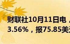 财联社10月11日电，WTI原油期货结算价涨3.56%，报75.85美元/桶。