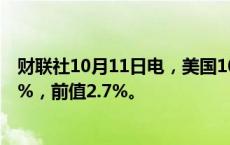 财联社10月11日电，美国10月一年期通胀率预期初值为2.9%，前值2.7%。