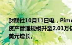 财联社10月11日电，Pimco在网站公告，截至9月30日，总资产管理规模升至2.01万亿美元，较前一季度末的1.88万亿美元增长。