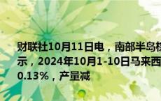 财联社10月11日电，南部半岛棕榈油压榨商协会（SPPOMA）数据显示，2024年10月1-10日马来西亚棕榈油单产减少7.15%，出油率增加0.13%，产量减