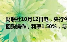 财联社10月12日电，央行今日开展232亿元人民币7天期逆回购操作，利率1.50%，与上次持平。