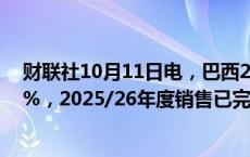 财联社10月11日电，巴西2024/25年度咖啡销售已完成62%，2025/26年度销售已完成10%。