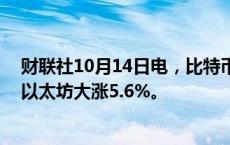 财联社10月14日电，比特币日内大涨5%，报65300美元；以太坊大涨5.6%。