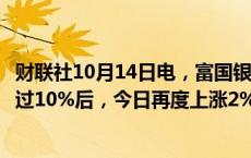 财联社10月14日电，富国银行股价在过去六个交易日上涨超过10%后，今日再度上涨2%。