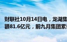 财联社10月14日电，龙湖集团称9月单月实现总合同销售金额81.6亿元，前九月集团累计实现总合同销售金额733亿元。