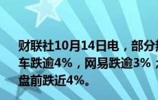 财联社10月14日电，部分热门中概股美股盘前走低，小鹏汽车跌逾4%，网易跌逾3%；3倍做多富时中国ETF-Direxion盘前跌近4%。