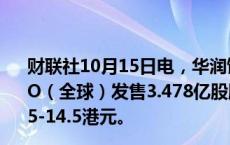 财联社10月15日电，华润饮料港交所公告，申请通过香港IPO（全球）发售3.478亿股股票，发行价指导区间为每股13.5-14.5港元。